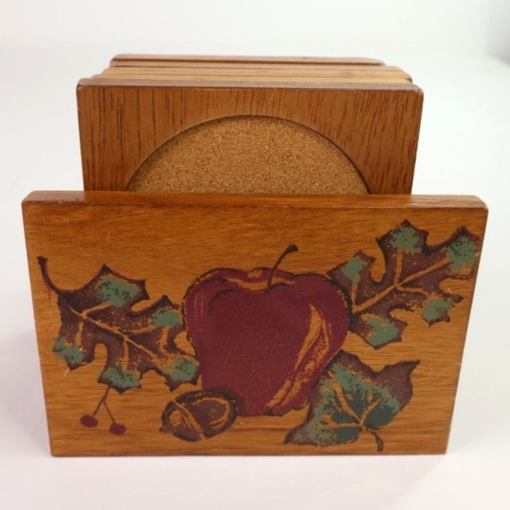 Apple Drink Coaster Set Wood Holder Leaf Design Country Core Farmhouse